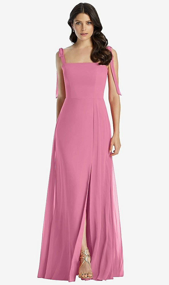 Front View - Orchid Pink Tie-Shoulder Chiffon Maxi Dress with Front Slit
