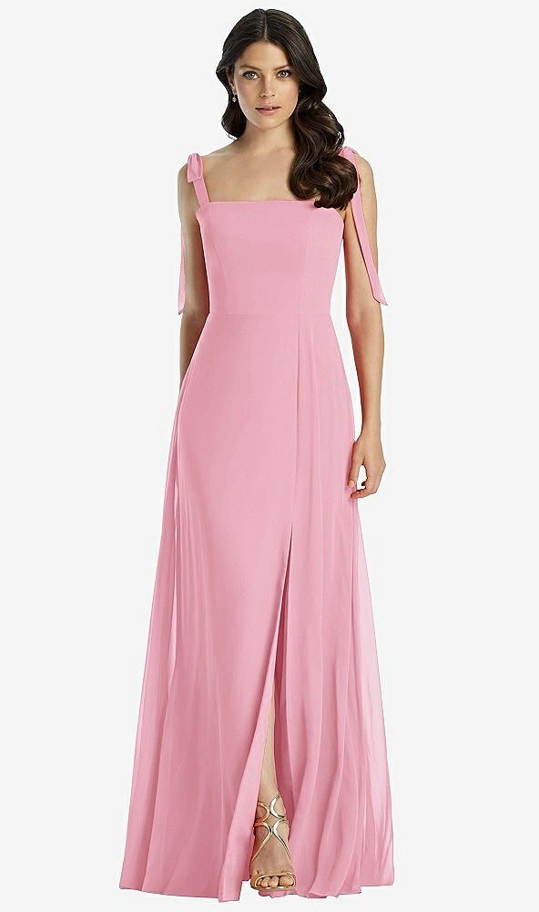 Front View - Peony Pink Tie-Shoulder Chiffon Maxi Dress with Front Slit