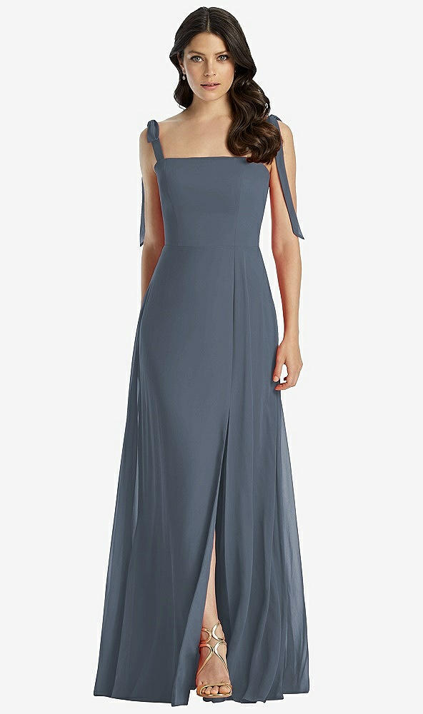 Front View - Silverstone Tie-Shoulder Chiffon Maxi Dress with Front Slit