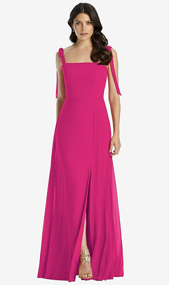 Front View - Think Pink Tie-Shoulder Chiffon Maxi Dress with Front Slit
