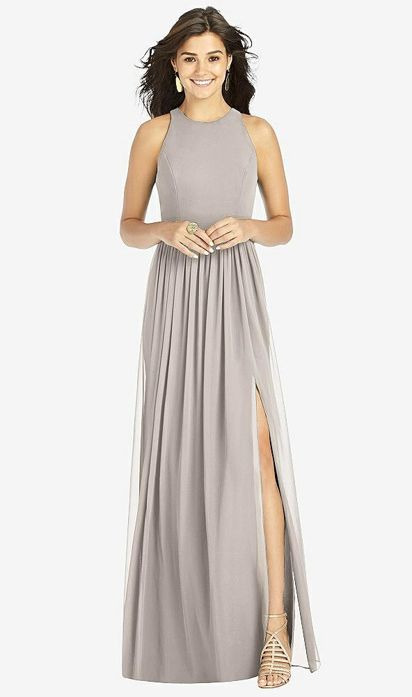 Front View - Taupe Shirred Skirt Halter Dress with Front Slit