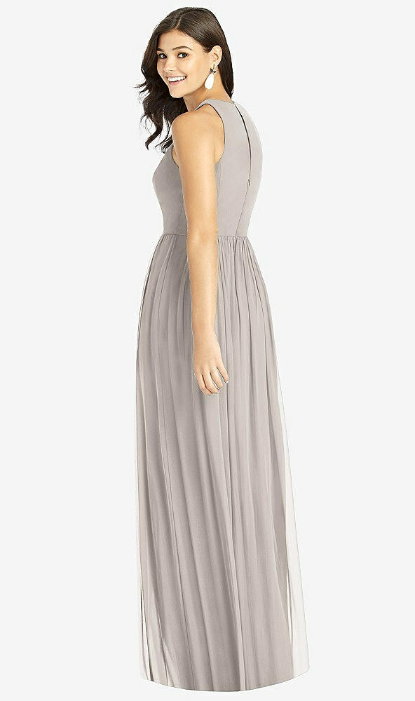 Back View - Taupe Shirred Skirt Halter Dress with Front Slit