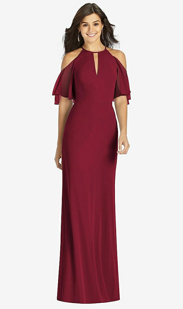 Front View - Burgundy Ruffle Cold-Shoulder Mermaid Maxi Dress