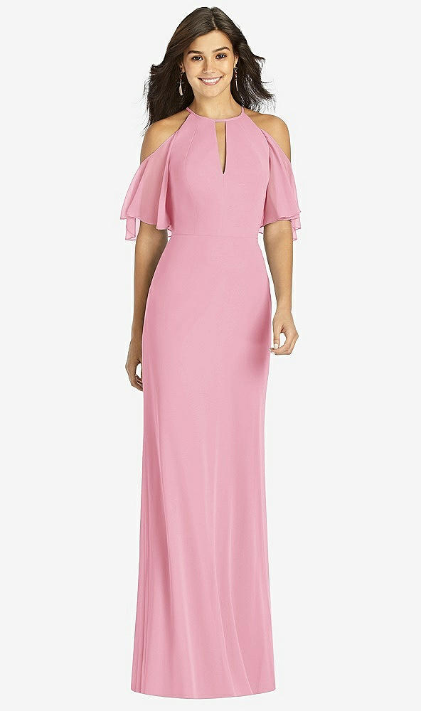 Front View - Peony Pink Ruffle Cold-Shoulder Mermaid Maxi Dress
