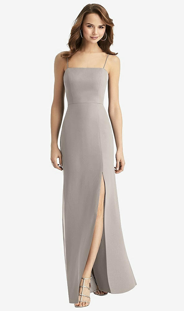 Back View - Taupe Tie-Back Cutout Trumpet Gown with Front Slit