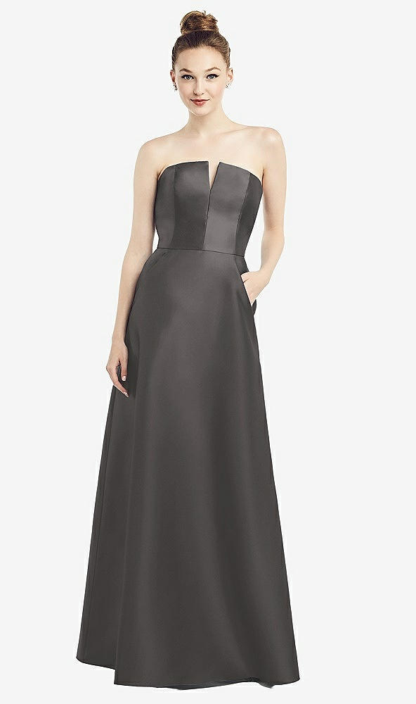 Front View - Caviar Gray Strapless Notch Satin Gown with Pockets
