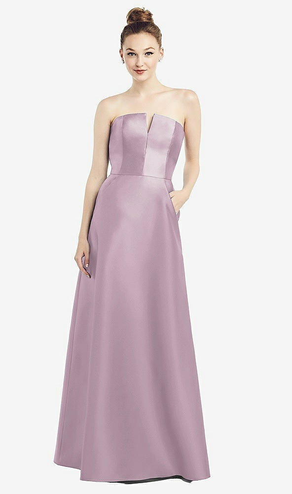 Front View - Suede Rose Strapless Notch Satin Gown with Pockets