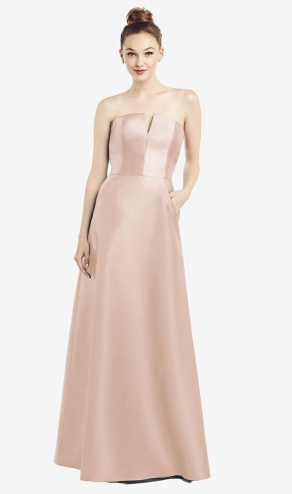 Front View - Cameo Strapless Notch Satin Gown with Pockets