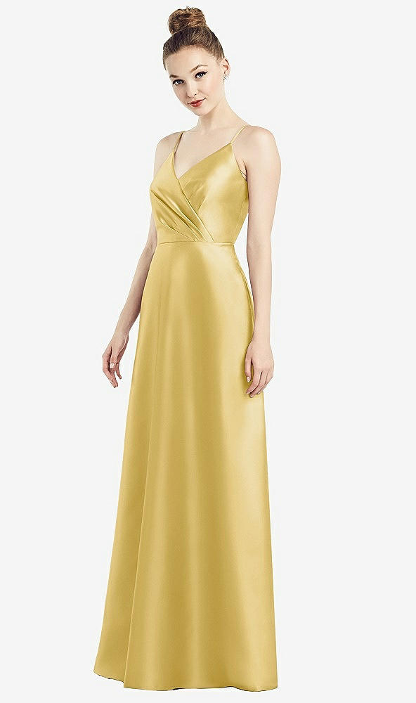 Front View - Maize Draped Wrap Satin Maxi Dress with Pockets
