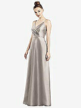 Front View Thumbnail - Taupe Draped Wrap Satin Maxi Dress with Pockets