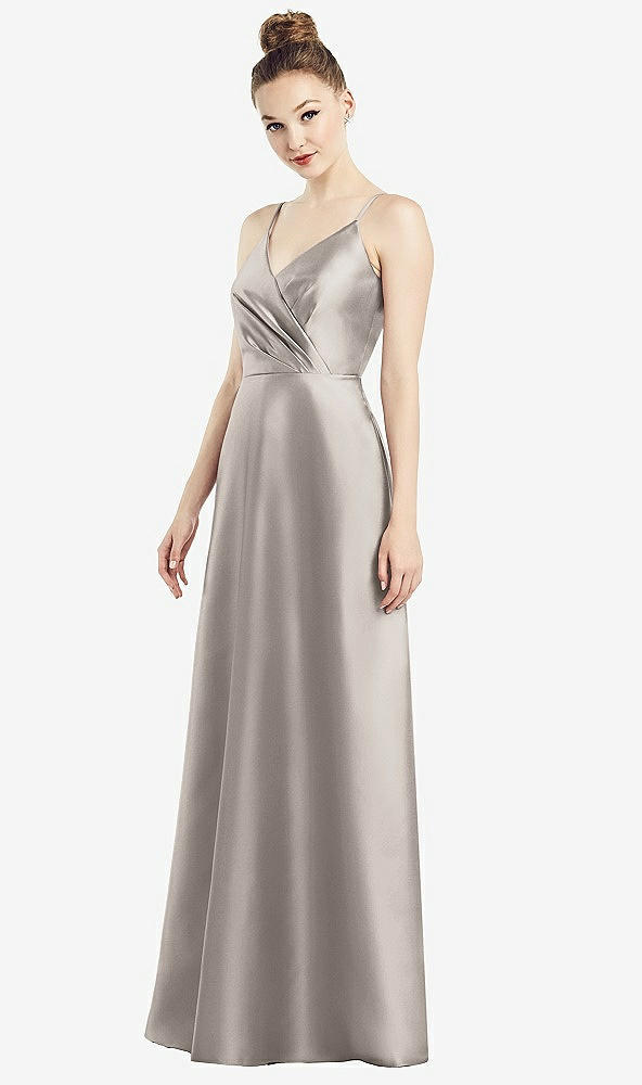 Front View - Taupe Draped Wrap Satin Maxi Dress with Pockets
