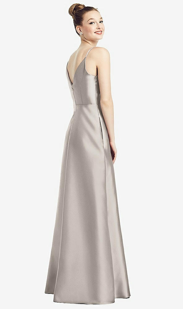 Back View - Taupe Draped Wrap Satin Maxi Dress with Pockets