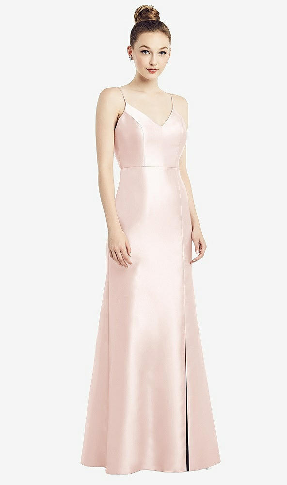 Back View - Blush Open-Back Bow Tie Satin Trumpet Gown