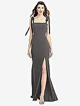 Front View Thumbnail - Caviar Gray Flat Tie-Shoulder Crepe Trumpet Gown with Front Slit