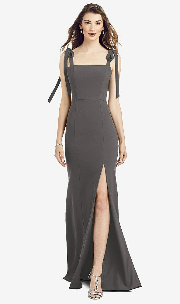 Front View - Caviar Gray Flat Tie-Shoulder Crepe Trumpet Gown with Front Slit