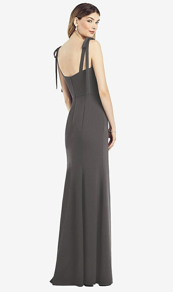 Back View - Caviar Gray Flat Tie-Shoulder Crepe Trumpet Gown with Front Slit