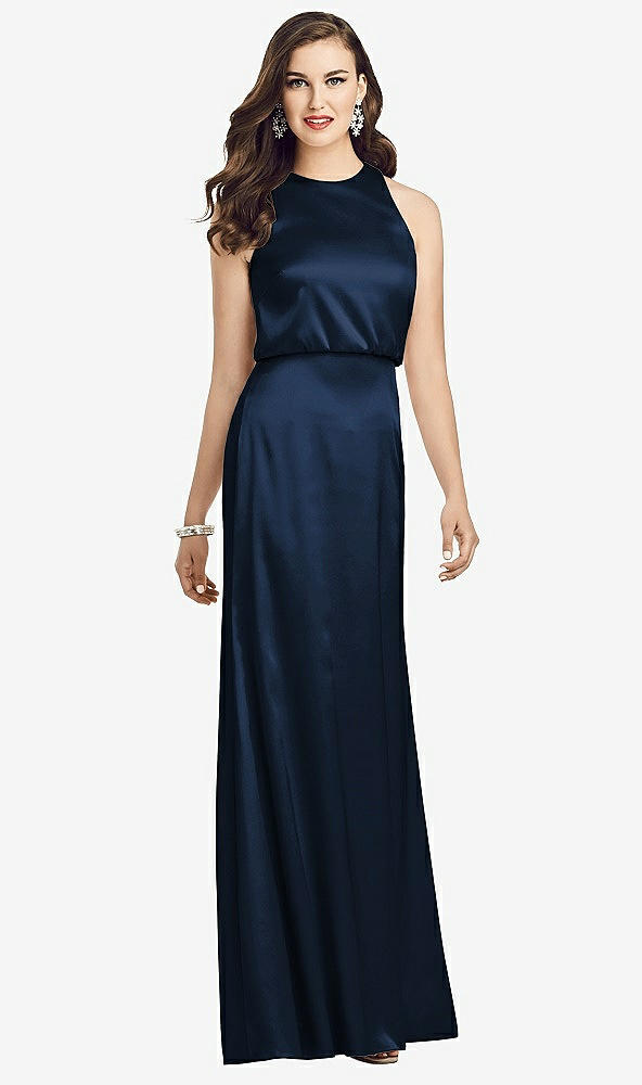 Front View - Midnight Navy Sleeveless Blouson Bodice Trumpet Gown