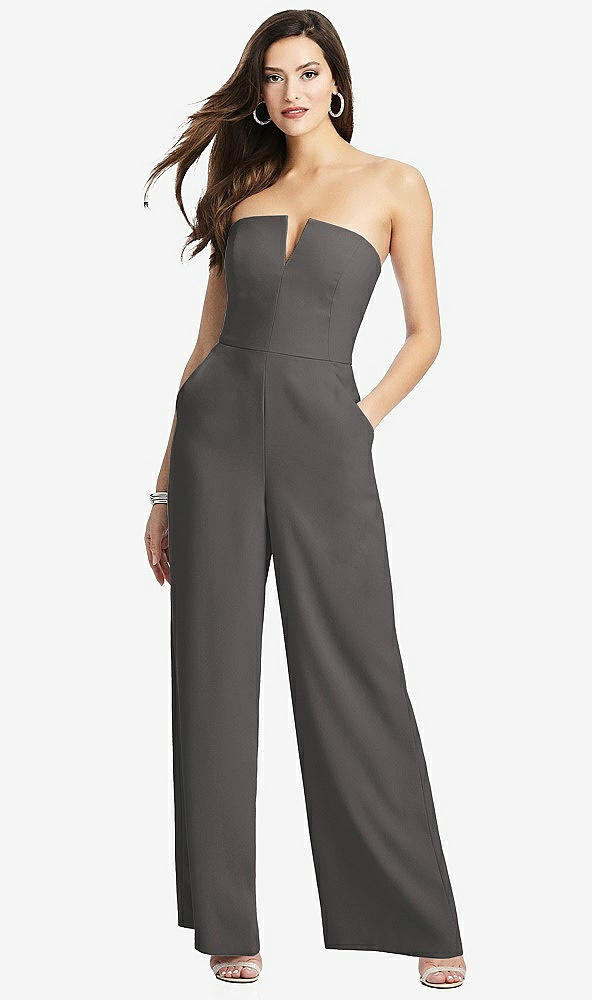 Front View - Caviar Gray Strapless Notch Crepe Jumpsuit with Pockets