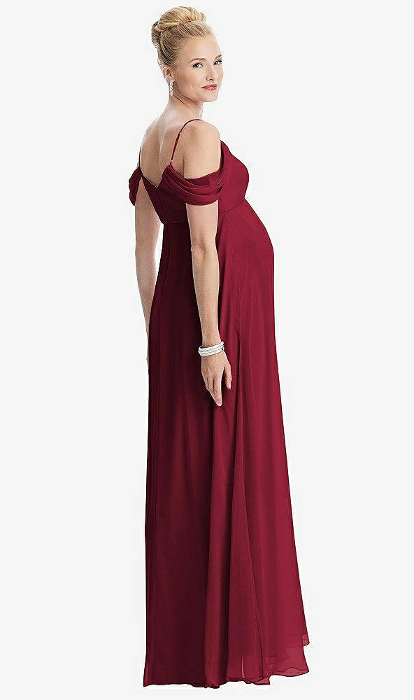 Back View - Burgundy Draped Cold-Shoulder Chiffon Maternity Dress