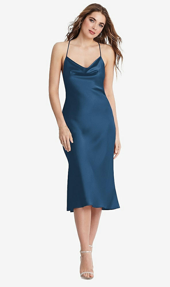 Front View - Dusk Blue Cowl-Neck Convertible Midi Slip Dress - Piper