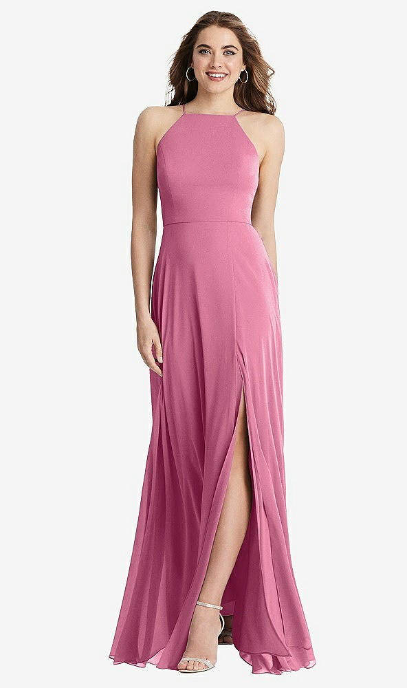 Front View - Orchid Pink High Neck Chiffon Maxi Dress with Front Slit - Lela