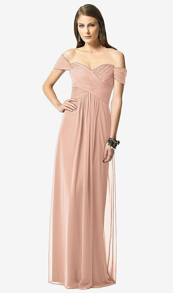 Front View - Pale Peach Off-the-Shoulder Ruched Chiffon Maxi Dress - Alessia