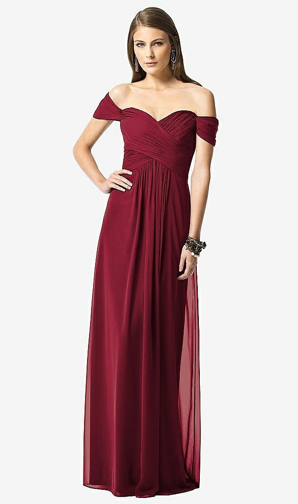 Front View - Burgundy Off-the-Shoulder Ruched Chiffon Maxi Dress - Alessia