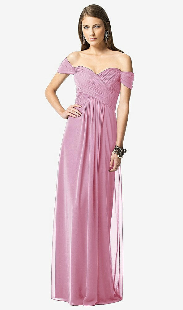 Front View - Powder Pink Off-the-Shoulder Ruched Chiffon Maxi Dress - Alessia