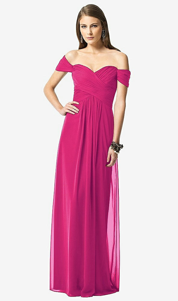 Front View - Think Pink Off-the-Shoulder Ruched Chiffon Maxi Dress - Alessia