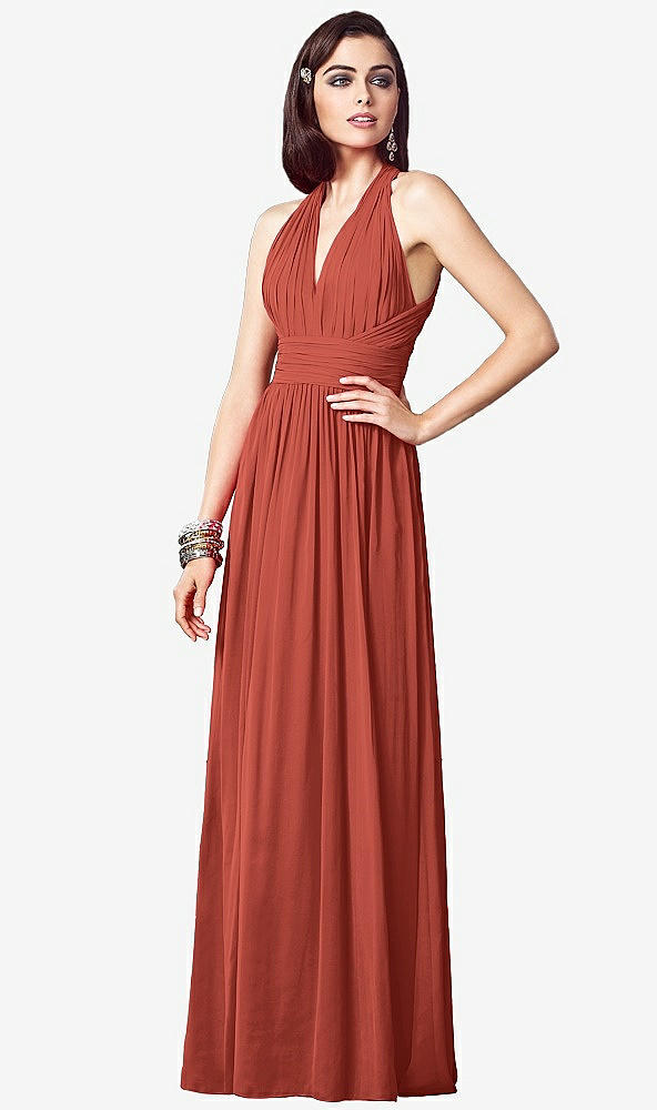 Front View - Amber Sunset Ruched Halter Open-Back Maxi Dress - Jada