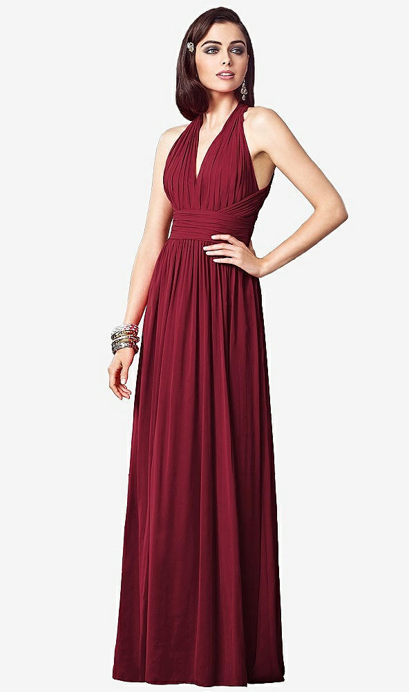 Front View - Burgundy Ruched Halter Open-Back Maxi Dress - Jada