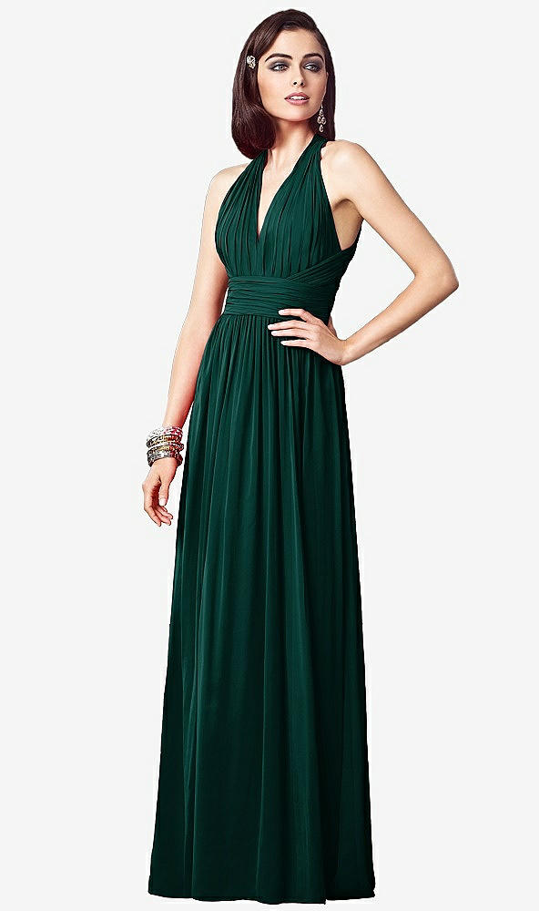 Front View - Evergreen Ruched Halter Open-Back Maxi Dress - Jada
