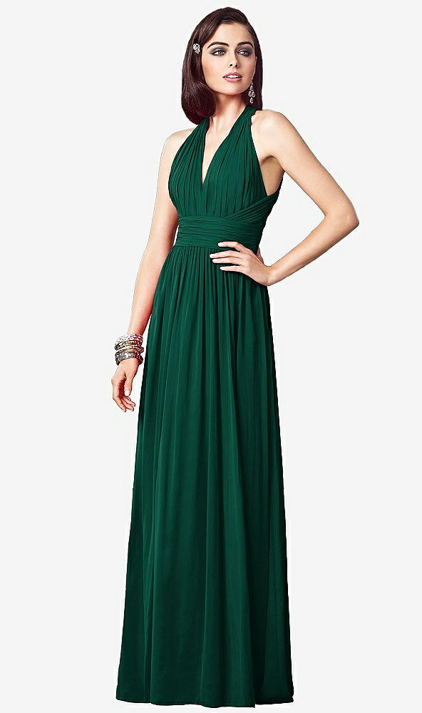 Front View - Hunter Green Ruched Halter Open-Back Maxi Dress - Jada