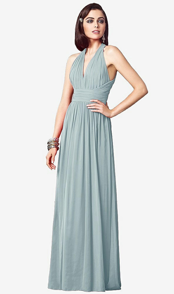 Front View - Morning Sky Ruched Halter Open-Back Maxi Dress - Jada