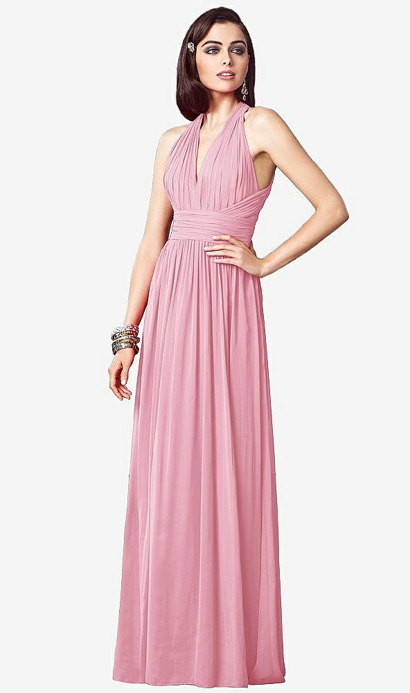 Front View - Peony Pink Ruched Halter Open-Back Maxi Dress - Jada