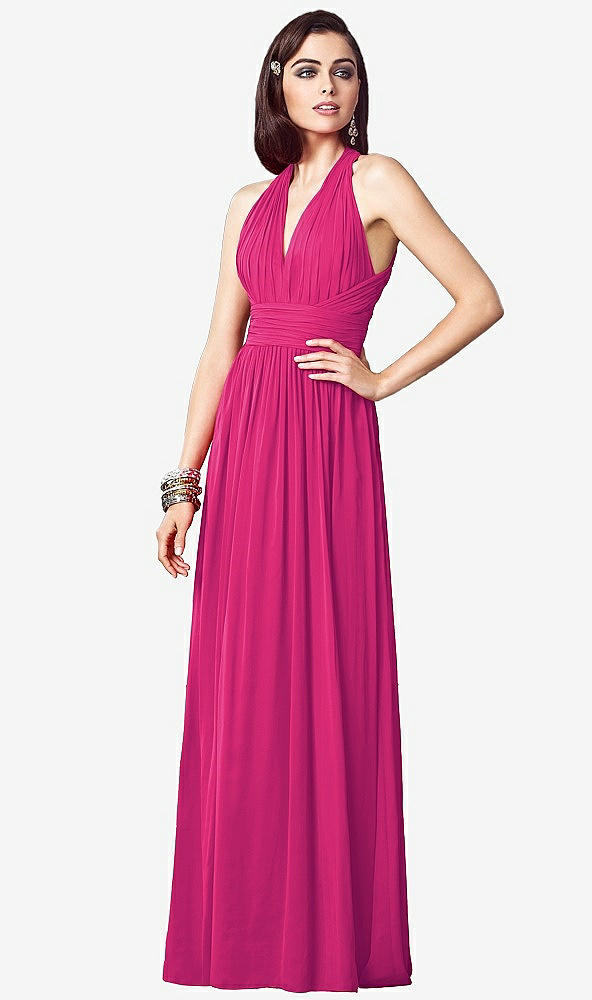 Front View - Think Pink Ruched Halter Open-Back Maxi Dress - Jada