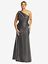 Front View Thumbnail - Caviar Gray Bow One-Shoulder Satin Trumpet Gown