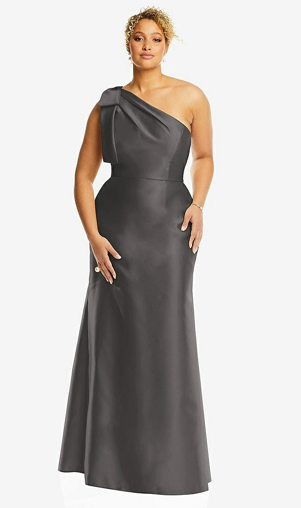 Front View - Caviar Gray Bow One-Shoulder Satin Trumpet Gown
