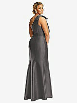 Rear View Thumbnail - Caviar Gray Bow One-Shoulder Satin Trumpet Gown