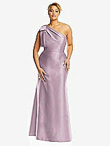 Front View Thumbnail - Suede Rose Bow One-Shoulder Satin Trumpet Gown