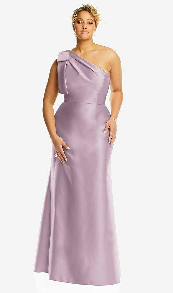 Front View - Suede Rose Bow One-Shoulder Satin Trumpet Gown
