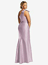 Rear View Thumbnail - Suede Rose Bow One-Shoulder Satin Trumpet Gown