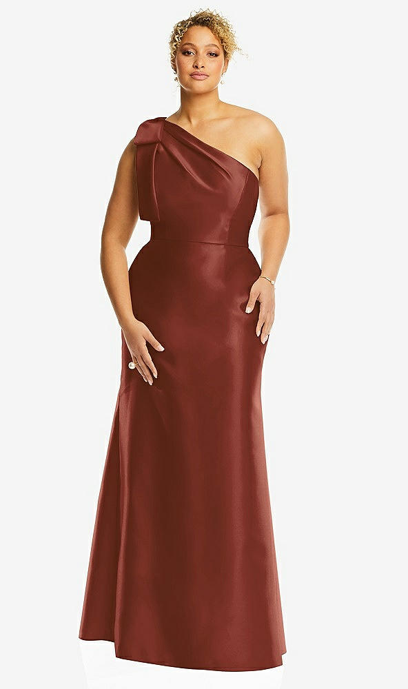 Front View - Auburn Moon Bow One-Shoulder Satin Trumpet Gown