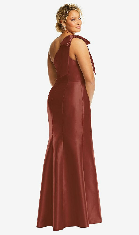 Back View - Auburn Moon Bow One-Shoulder Satin Trumpet Gown