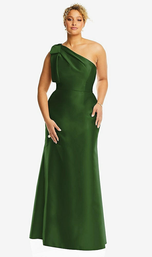 Front View - Celtic Bow One-Shoulder Satin Trumpet Gown
