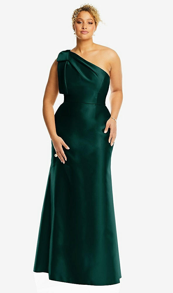 Front View - Evergreen Bow One-Shoulder Satin Trumpet Gown