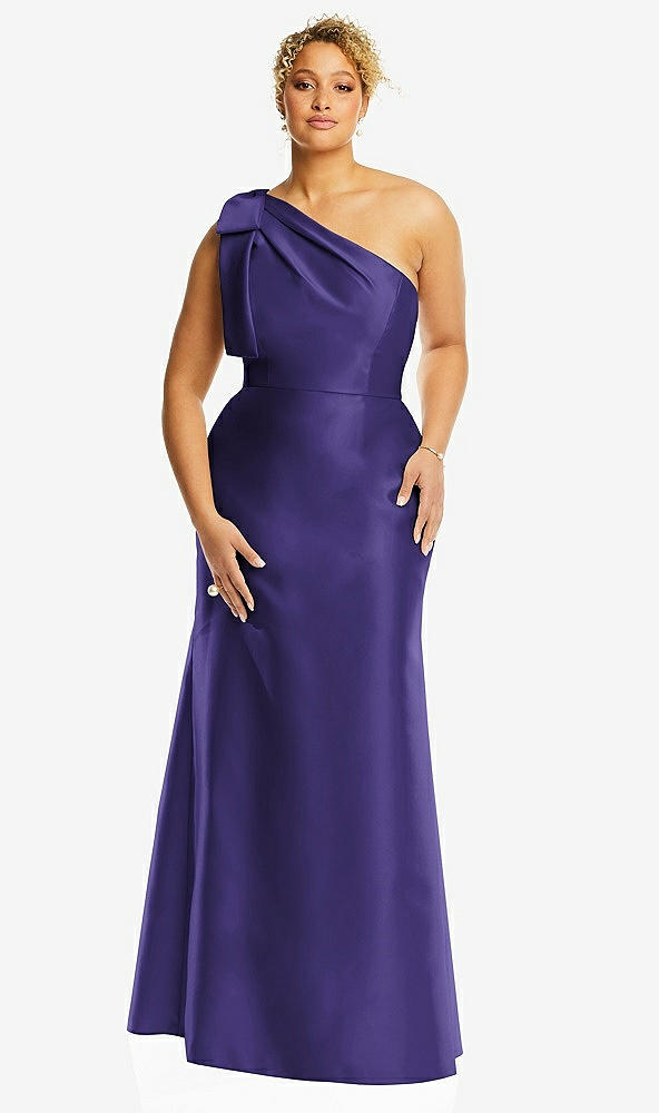 Front View - Grape Bow One-Shoulder Satin Trumpet Gown