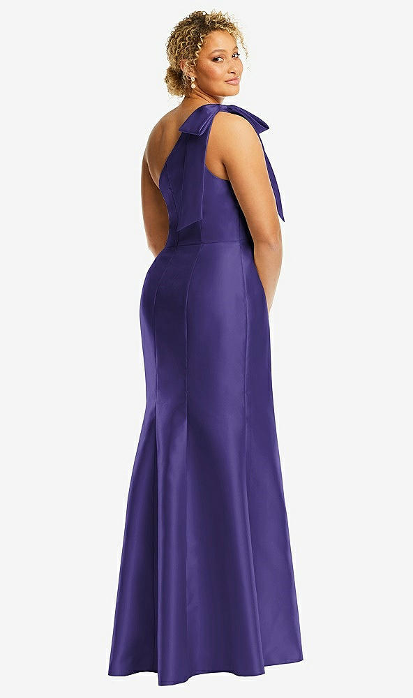 Back View - Grape Bow One-Shoulder Satin Trumpet Gown