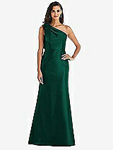 Alt View 1 Thumbnail - Hunter Green Bow One-Shoulder Satin Trumpet Gown