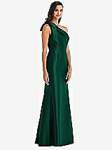 Alt View 2 Thumbnail - Hunter Green Bow One-Shoulder Satin Trumpet Gown